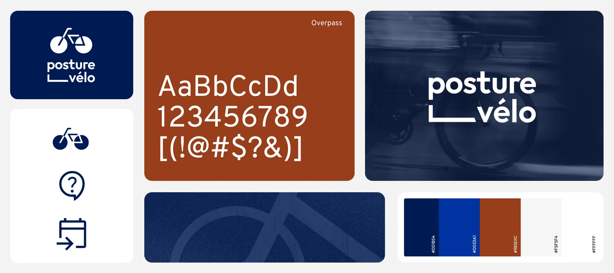 Grid of Posture Vélo brand elements: logo, icons, color palette and typography.