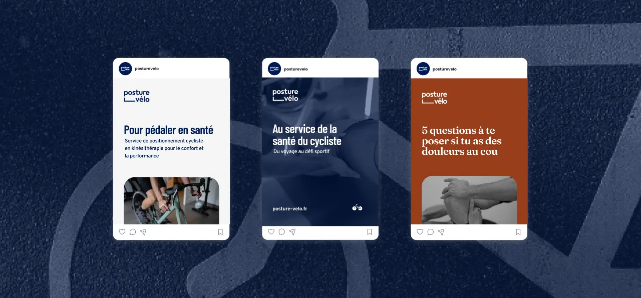 Mockups of Posture Vélo Instagram posts in light and dark versions.